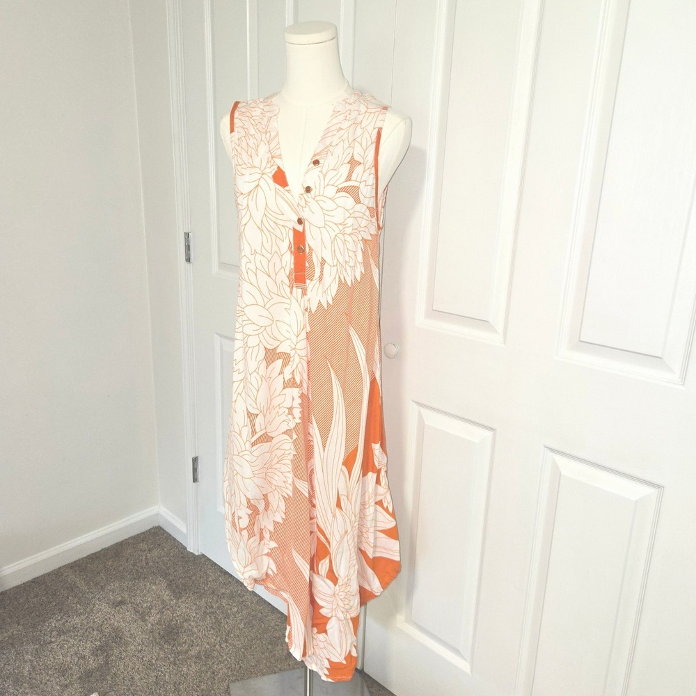 Seven Islands Dress Women Medium Orange White Floral Handkerchief Hem Rayon Midi